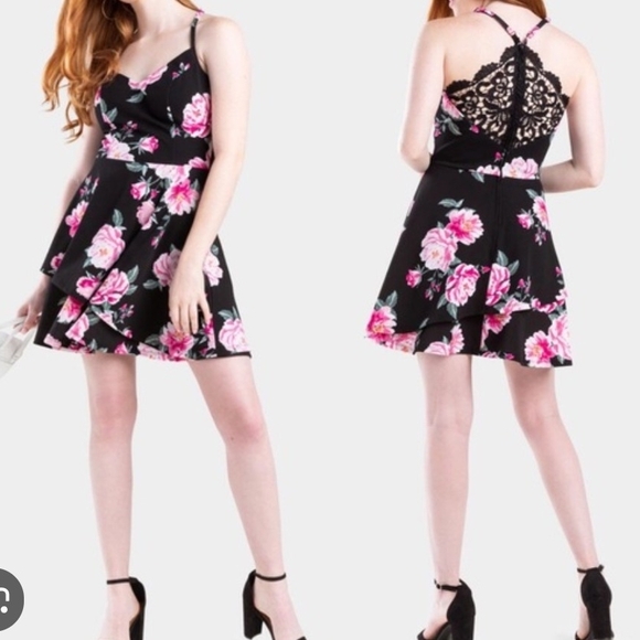 Trixxi Dresses & Skirts - Trixxi Black Dress with Pink Floral and Lace Back